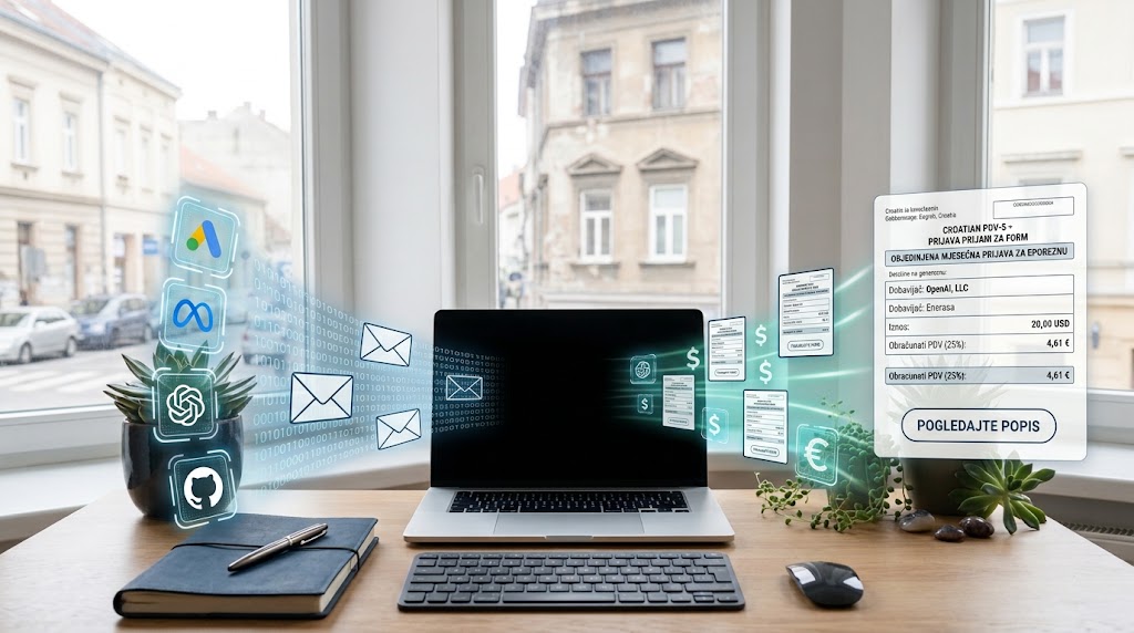 A laptop on a desk. Invoices from EU suppliers arrive by email and leave as a single monthly PDV-S return.